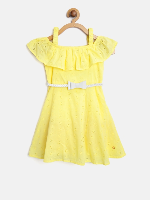 

Gini and Jony Girls Yellow Schiffli Embroidered A-Line Bardot Dress