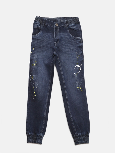 

Gini and Jony Boys Navy Blue Mid-Rise Low Distressed Stretchable Denim Joggers
