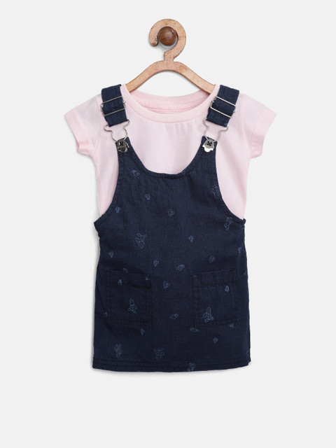 

Gini and Jony Girls Navy Blue & Pink Printed Pinafore Dress with T-Shirt