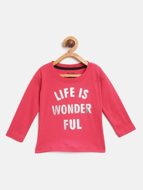

Gini and Jony Girls Fuchsia Pink Silver Printed Round Neck Pure Cotton T-shirt