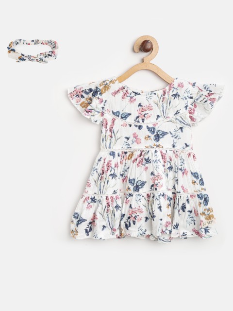 

Gini and Jony Girls White & Navy Blue Printed Fit and Flare Dress