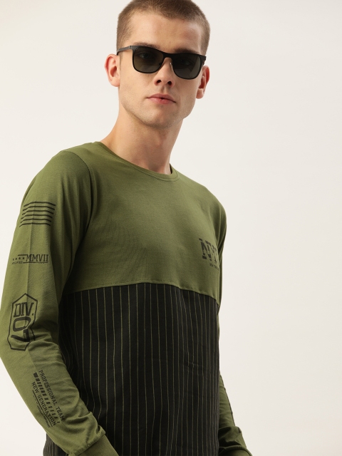 

Difference of Opinion Men Olive Green & Black Striped Round Neck T-shirt