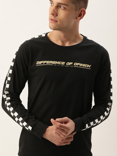 

Difference of Opinion Men Black Printed Round Neck T-shirt With Checked Detail