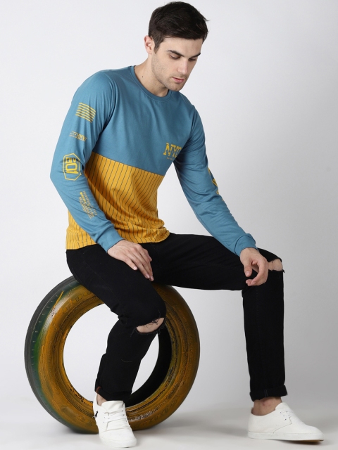 

Difference of Opinion Men Blue & Yellow Colourblocked Round Neck T-shirt