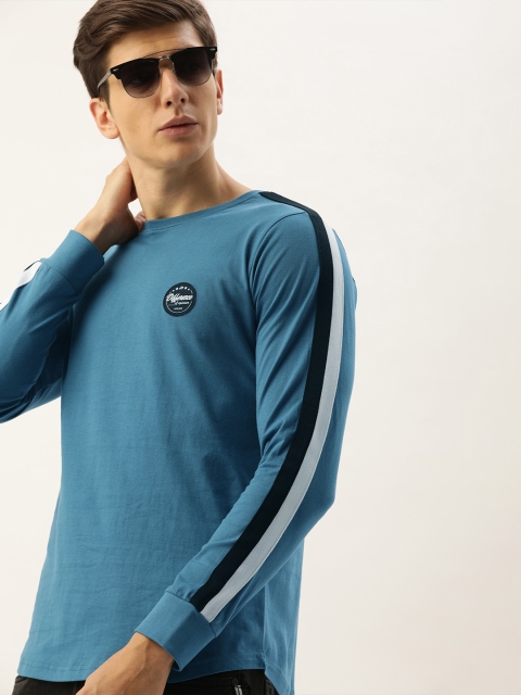 

Difference of Opinion Men Blue Solid Round Neck Pure Cotton T-shirt With Striped Detail