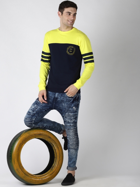 

Difference of Opinion Men Yellow Navy Blue Colourblocked Round Neck Pure Cotton T-shirt