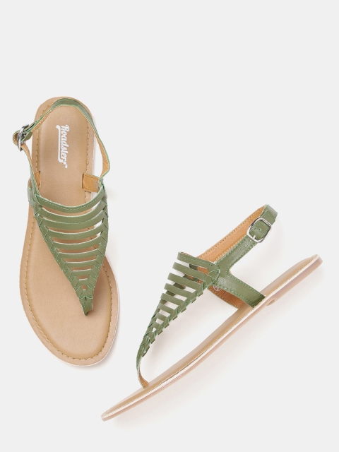 

The Roadster Lifestyle Co Women Olive Green Striped Open Toe Flats