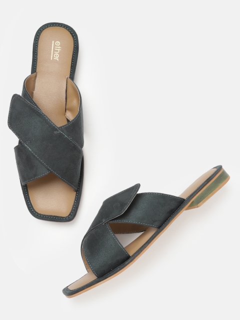

ether Women Green Solid Open Toe Flats