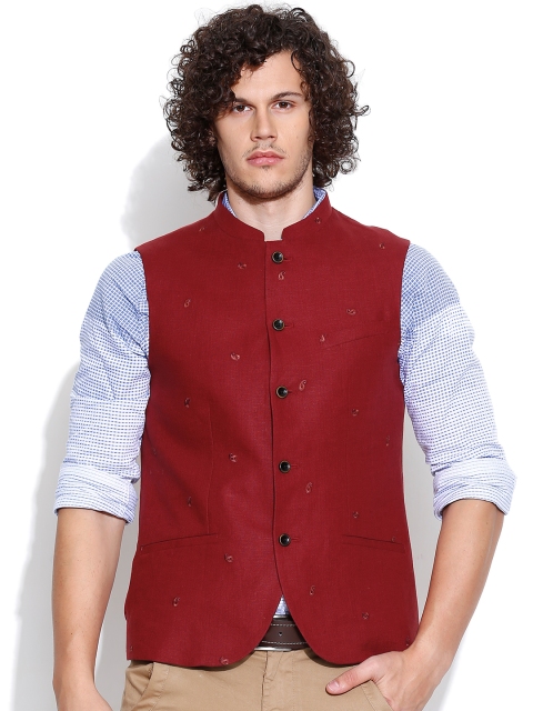 

Blackberrys Red Linen Embroidered Slim Nehru Jacket