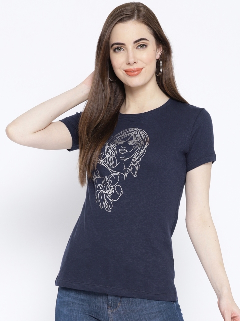 

HARBORNBAY Women Navy Blue & Silver Printed Round Neck T-shirt