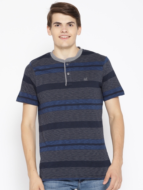 

HARBORNBAY Men Navy Blue & Grey Striped Henley Neck T-shirt