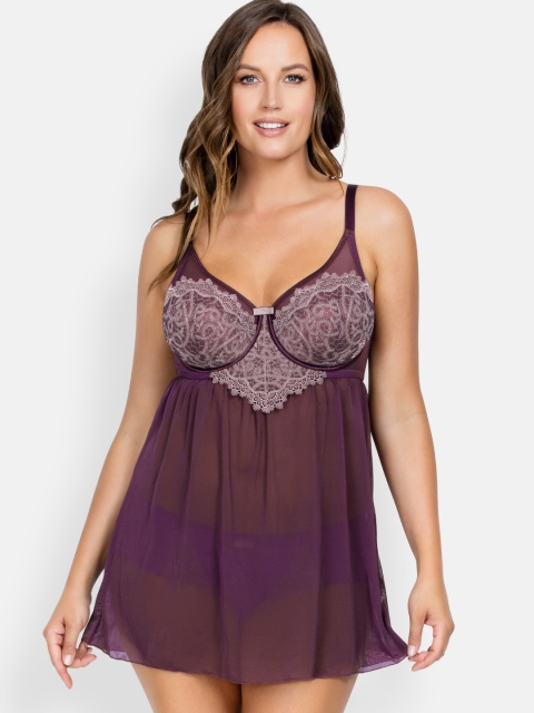 

PARFAIT Plus Size Aubergine Solid Lace Detail Baby Doll P5618, Purple
