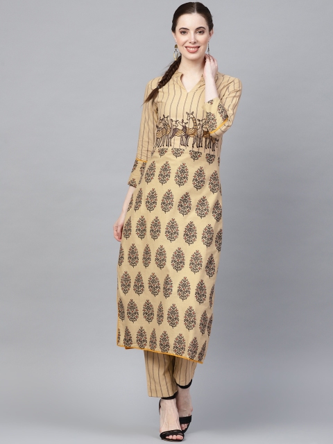 

Ishin Women Beige & Black Block Print Kurta with Trousers
