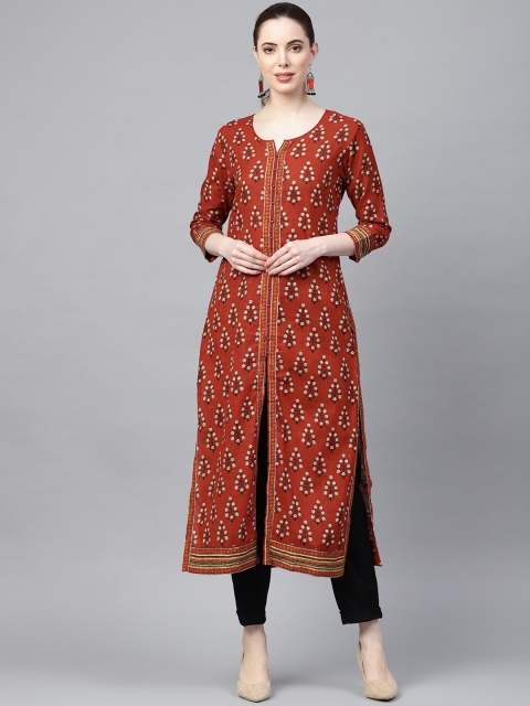 

Ishin Women Rust Brown & Black Block Print Straight Kurta
