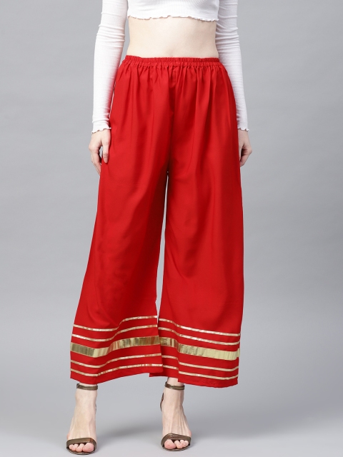 

Ishin Women Red & Gold-Toned Hem Design Wide Leg Palazzos