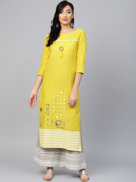 

Ishin Women Mustard Yellow & Grey Block Print Kurta with Palazzos