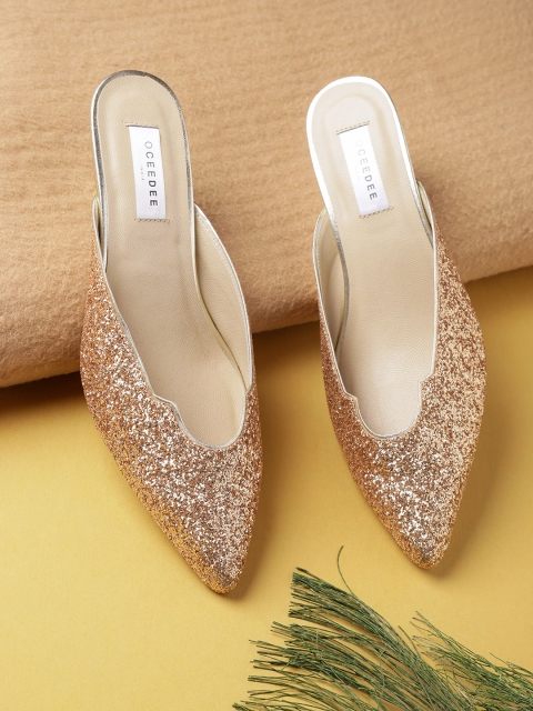 

OCEEDEE Women Gold-Toned Glitter Heeled Mules