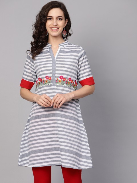

Bhama Couture Women White & Grey Striped A-Line Kurta with Embroidered Detail