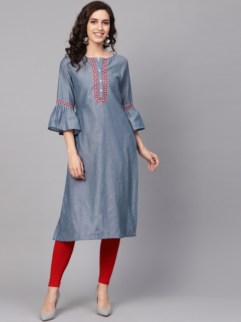 

Bhama Couture Women Navy Blue Chambray Yoke Design Straight Kurta