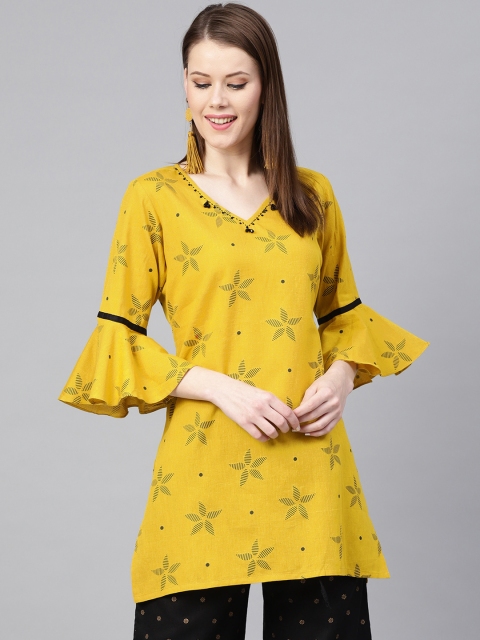 

Shree Women Mustard Yellow & Charcoal Grey Printed Pure Cotton Straight Kurti