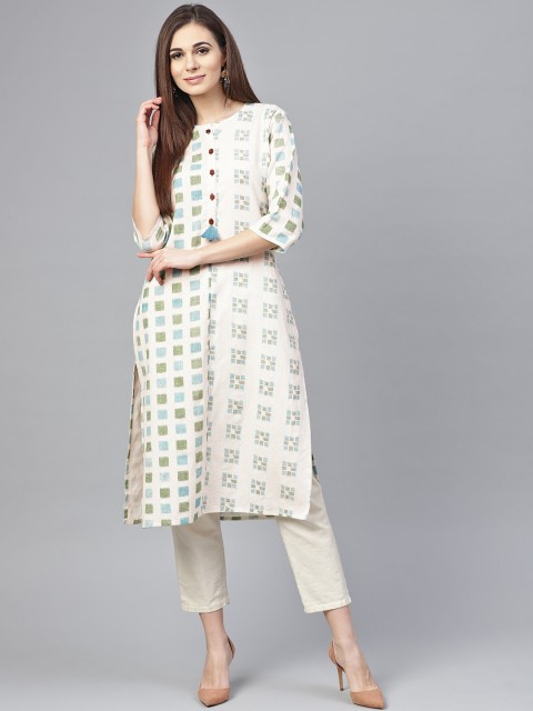 

Shree Women Off-White & Blue Ikat Print Straight Kurta