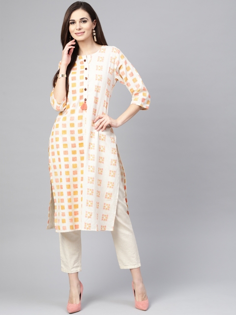 

Shree Women Beige & Orange Printed Straight Kurta