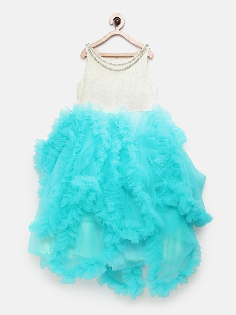 

Pink Cow Girls Self Design Turquoise Blue Fit and Flare Dress