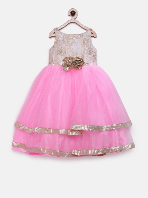 

Pink Cow Girls Beige & Pink Self Design Fit and Flare Dress