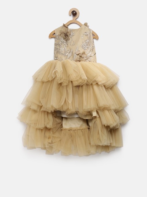

Pink Cow Girls Beige Self Design Fit and Flare Dress