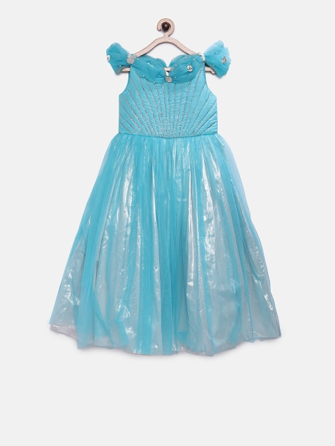 

Pink Cow Girls Blue Self Design Fit and Flare Dress