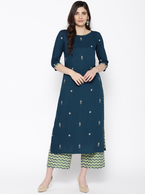 

Indo Era Women Teal Blue & Green Embroidered Kurta with Palazzos