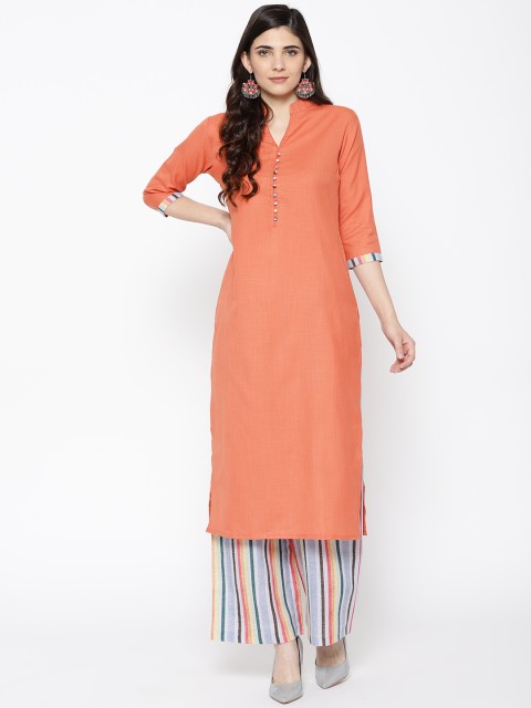 

Indo Era Women Coral Orange & Blue Solid Kurta with Palazzos