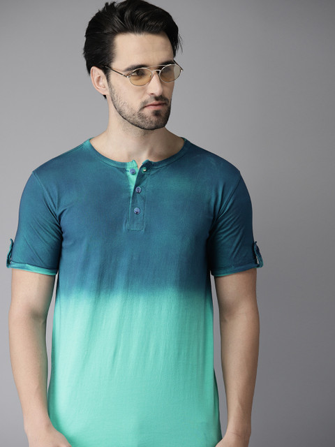 

Campus Sutra Men Teal Blue & Green Dyed Henley Neck T-shirt