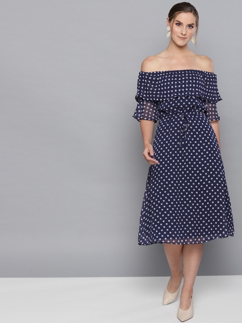 

Carlton London Women Navy Blue & White Polka Dot Print A-Line Dress
