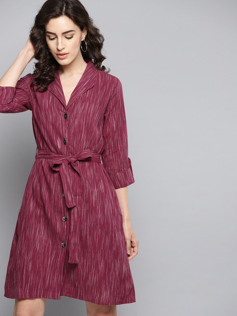 

Carlton London Women Maroon & White Self Design Shirt Dress