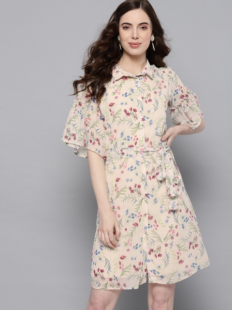 

Carlton London Women Off-White & Pink Floral Print Shirt Dress