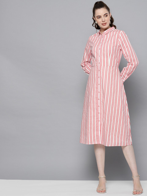 

Carlton London Women Pink & White Striped Shirt Dress