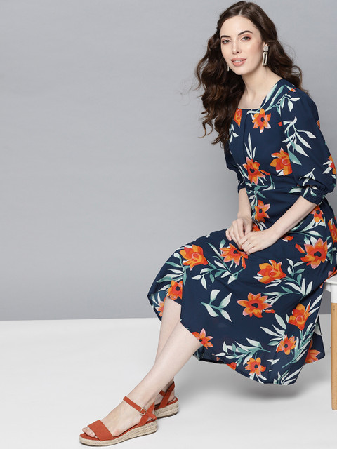 

Carlton London Women Navy Blue & Orange Floral Print Fit & Flare Dress