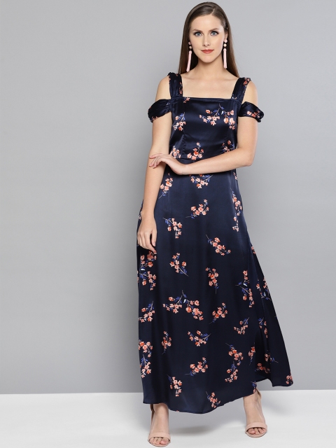

Carlton London Women Navy Blue & Peach-Coloured Printed Maxi Dress