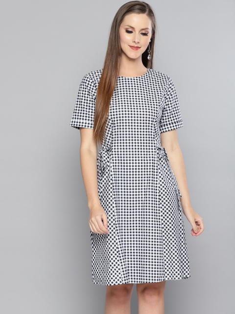 

Carlton London Women Navy Blue & White Checked A-Line Dress