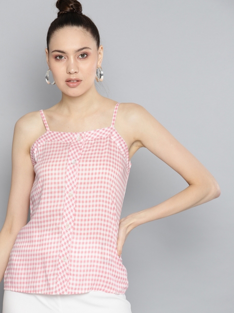 

Carlton London Women Pink & White Checked Pure Cotton Top