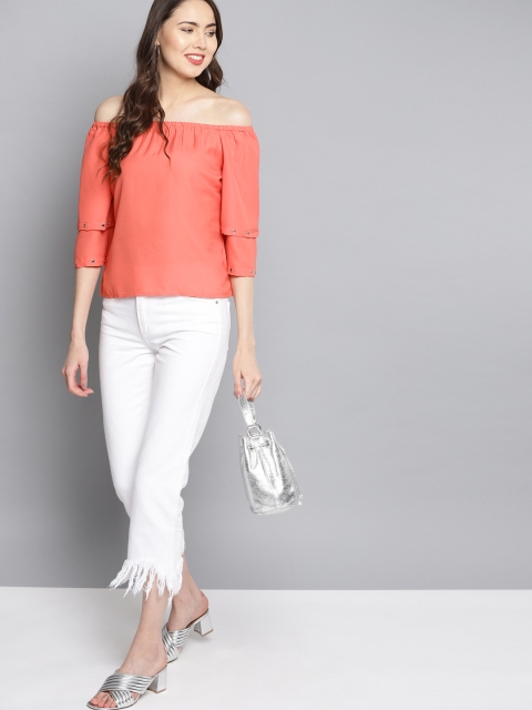 

Carlton London Women Coral Orange Solid Bardot Top
