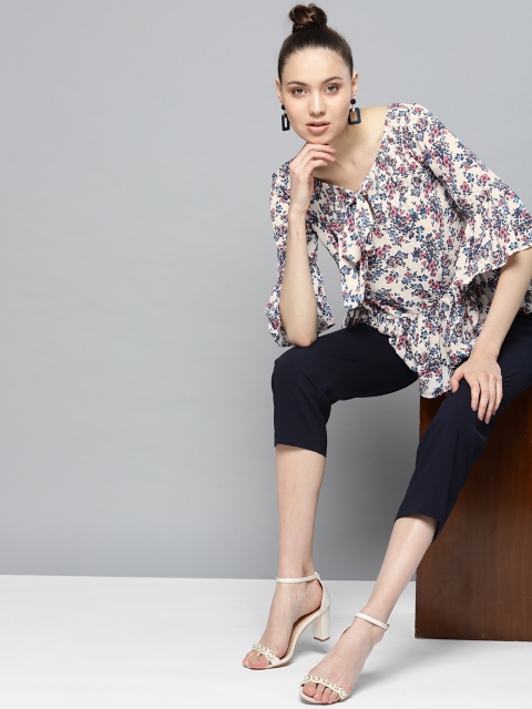 

Carlton London Women Off-White & Blue Printed Smocked A-Line Top