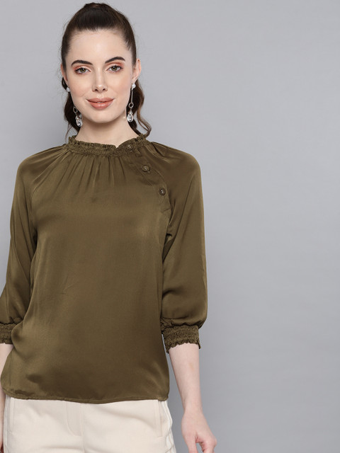 

Carlton London Women Olive Green Solid Satin Finish Top