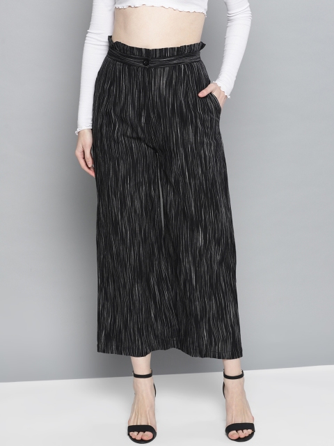 

Carlton London Women Black & White Straight Fit Self Design Parallel Trousers