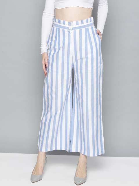 

Carlton London Women Blue & White Regular Fit Striped Parallel Trousers