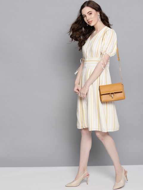 

Carlton London Women White & Yellow Striped A-Line Dress