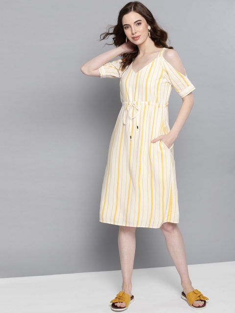 

Carlton London Women Off-White & Mustard Yellow Striped A-Line Dress