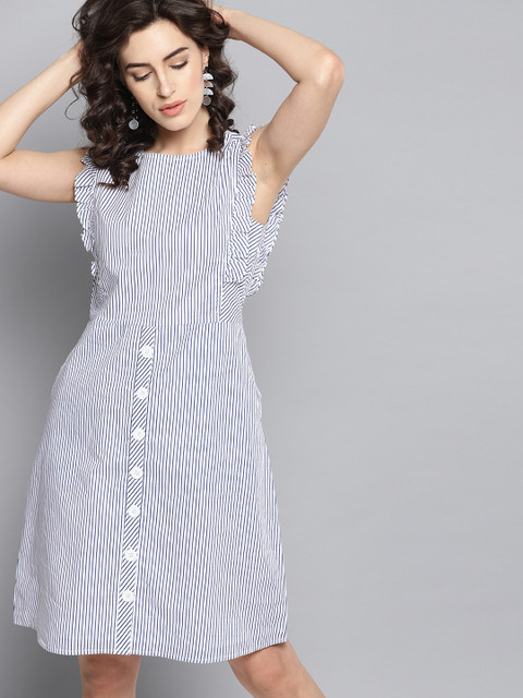

Carlton London Women White & Navy Blue Striped A-Line Dress