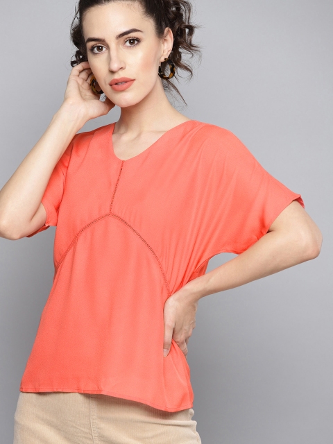 

Carlton London Women Coral Orange Solid Cinched Waist Top